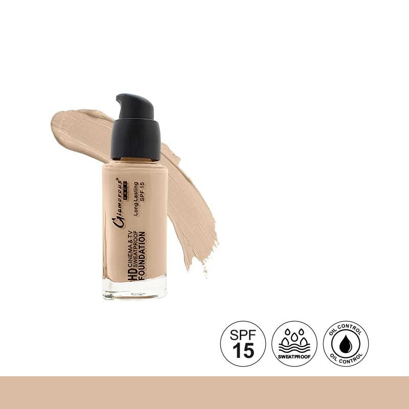 Foundation bottle with a swatch on a white background, featuring SPF 15, waterproof, and oil control icons.