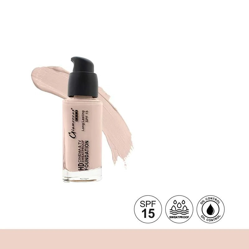 Foundation bottle with a swatch on a white background, featuring SPF 15, waterproof, and oil control icons.
