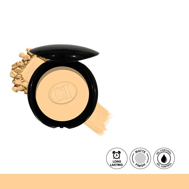 Compact powder with black lid and visible brand logo on a white background