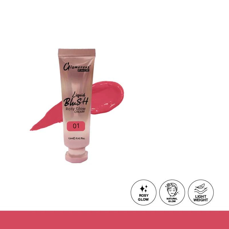 Glamorous Liquid Blush tube with pink blush swatch on a white background