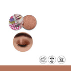 Makeup compact with brown eyeshadow and brand logo, worn on eyelid.