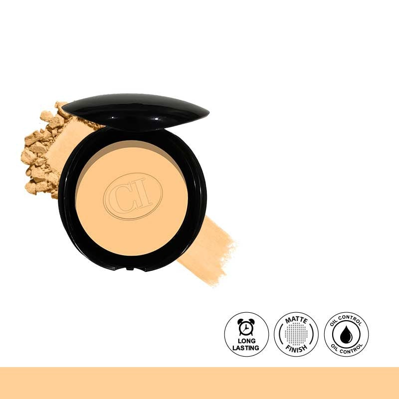Compact powder with black lid and visible brand logo on a white background