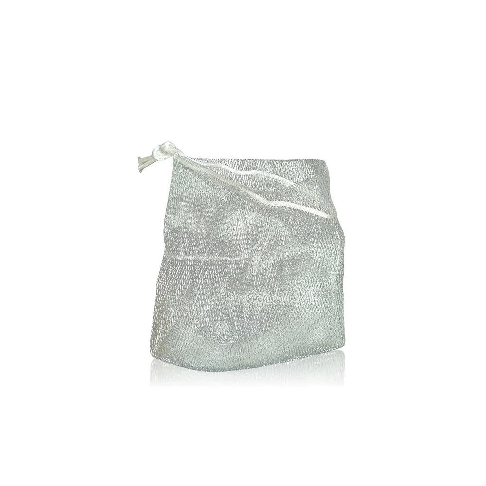 Mesh storage bag with drawstring on a white background