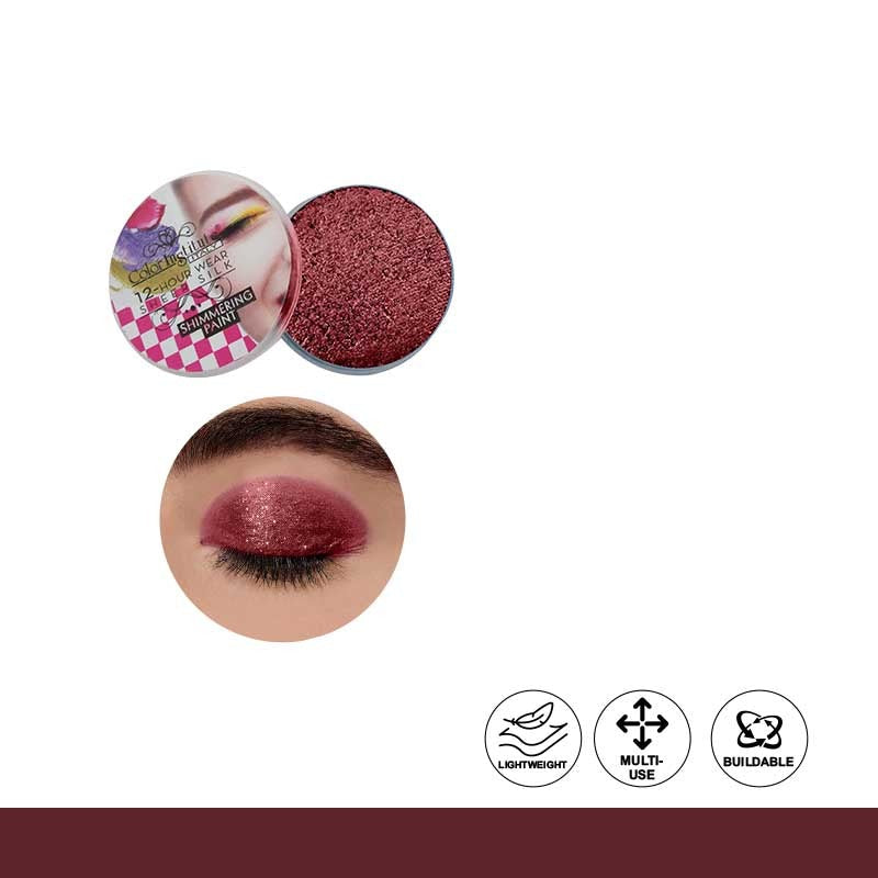 Makeup product with glittery pink shade, open lid showing color, and close-up of eye wearing the product.