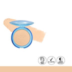 Compact powder with blue casing on a beige background