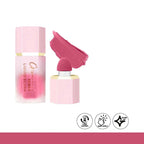 Pink liquid blush cream with applicator and packaging on a white background