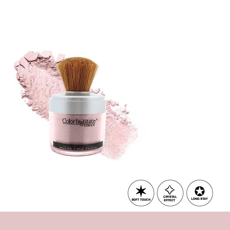 Cosmetic product with brush and pink powder on a white background