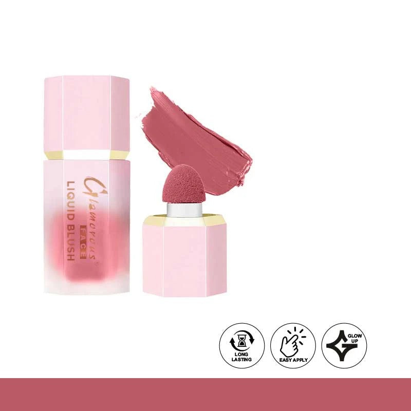 Pink liquid blush cream with applicator and swatch on a white background