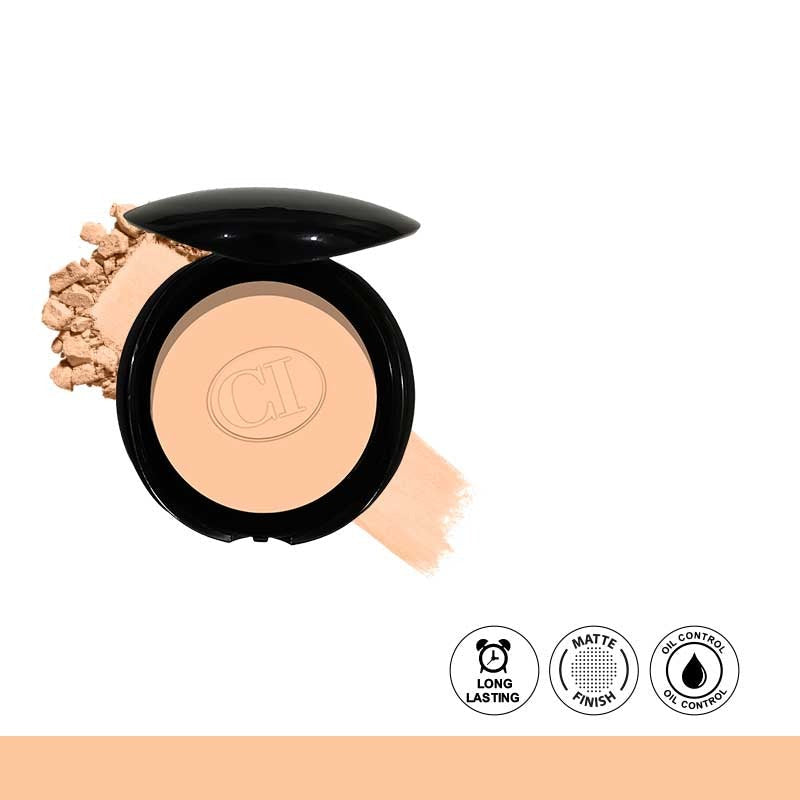 Compact powder with a black lid on a white background, featuring the brand logo and finish indicators.
