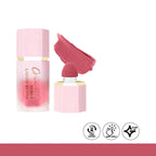 Pink liquid blush cream with applicator and swatch on a white background