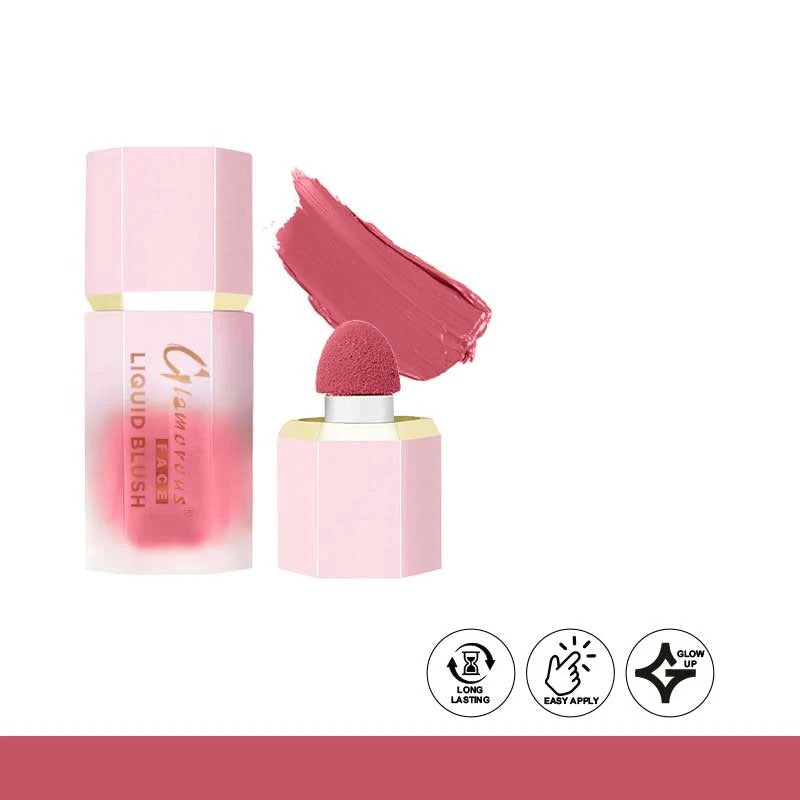 Pink liquid blush cream with applicator and swatch on a white background