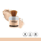 Makeup powder with a brush and color swatch on a white background