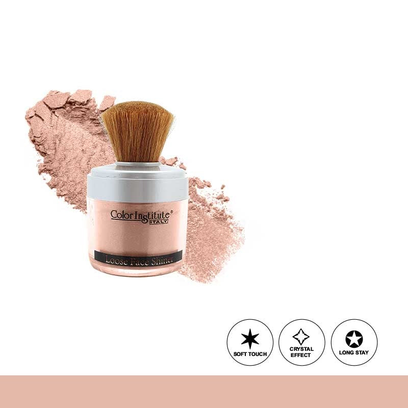 Cosmetic powder with a brush and color swatch on a white background