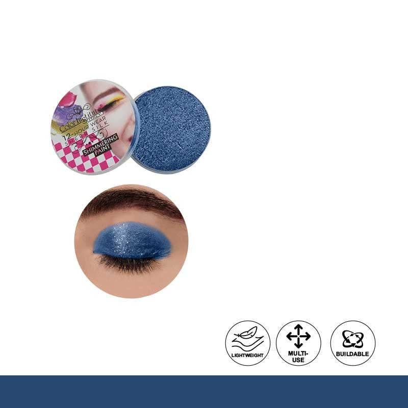 Blue glittery eye shadow with a makeup application example on a white background