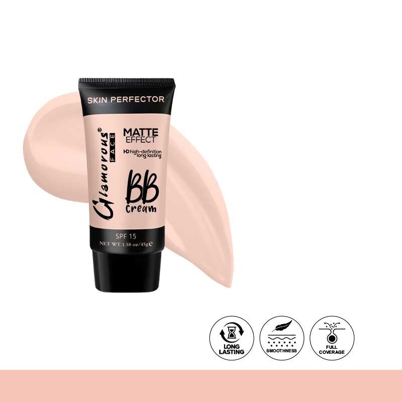 Glamorous BB Cream tube with beige color swatch on a white background