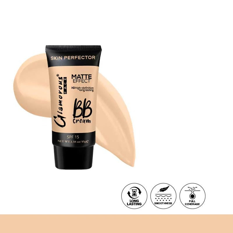 Glamorous BB Cream tube with beige color swatch on a white background