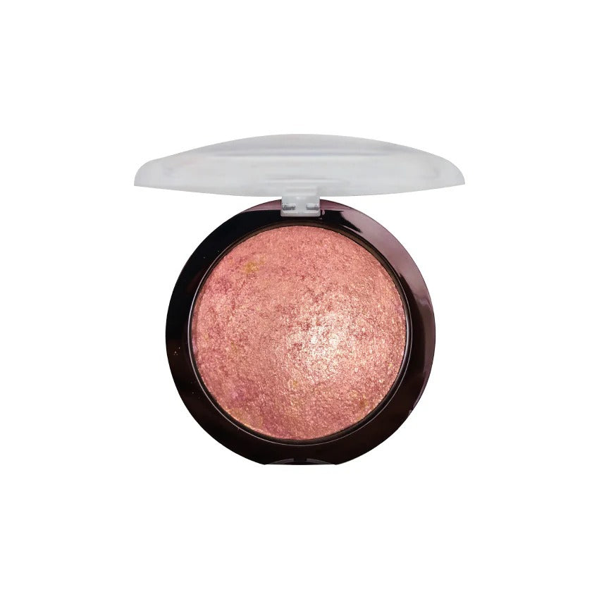 Compact blush in a round case with a white lid on a white background
