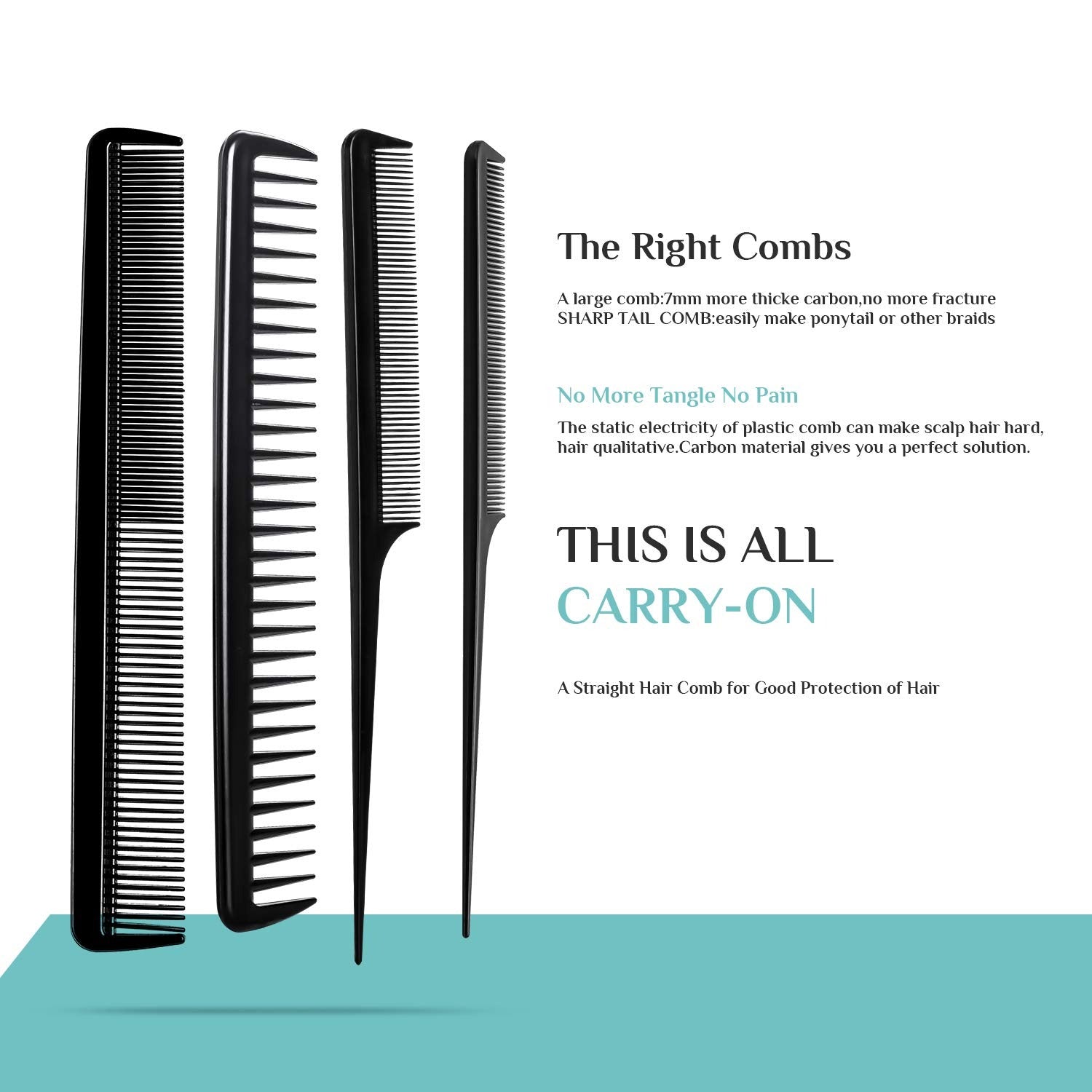 Set of hair combs with text on a white background