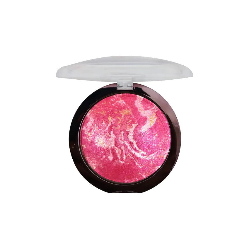 Compact blush with pink and white marbled shade on a white background