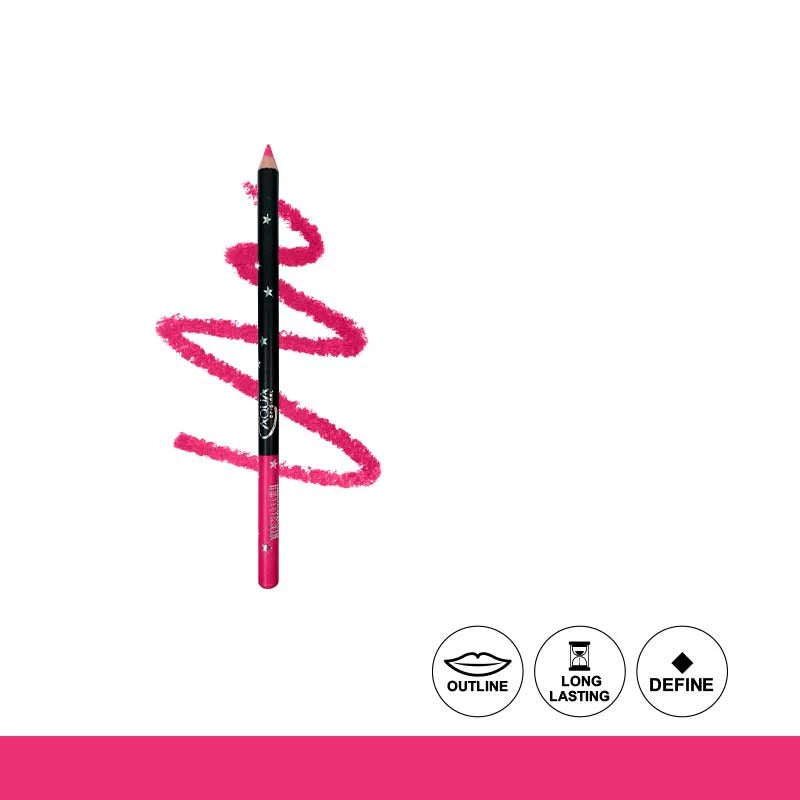 Pink lip liner with a wavy line on a white background, featuring icons for outline, long-lasting, and define.