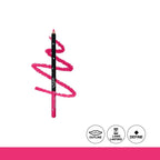 Pink lip liner with a wavy line on a white background, featuring icons for outline, long-lasting, and define.