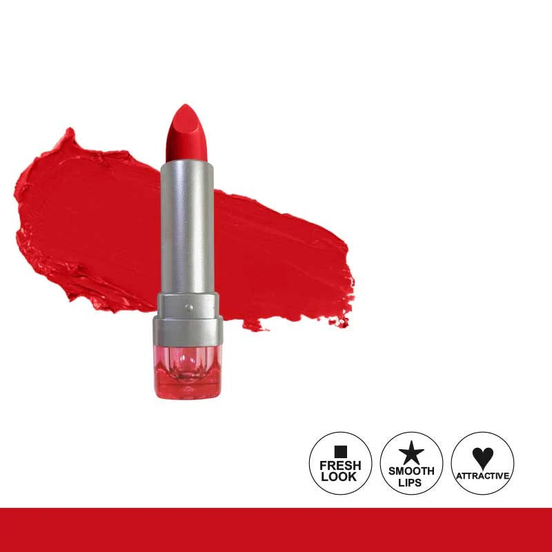 Red lipstick with a swatch of red color on a white background