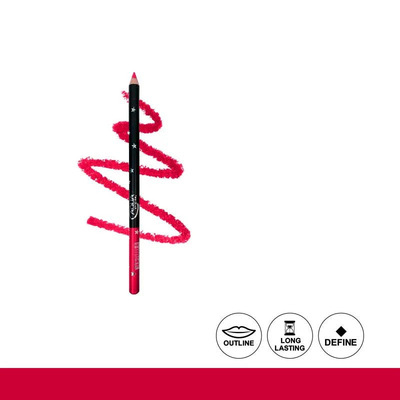 Red lip liner pencil with a white background and icons indicating features.