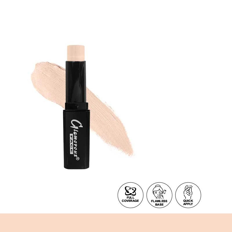 Concealer stick with applicator and swatch on a white background, featuring the brand 'Glamorous'.