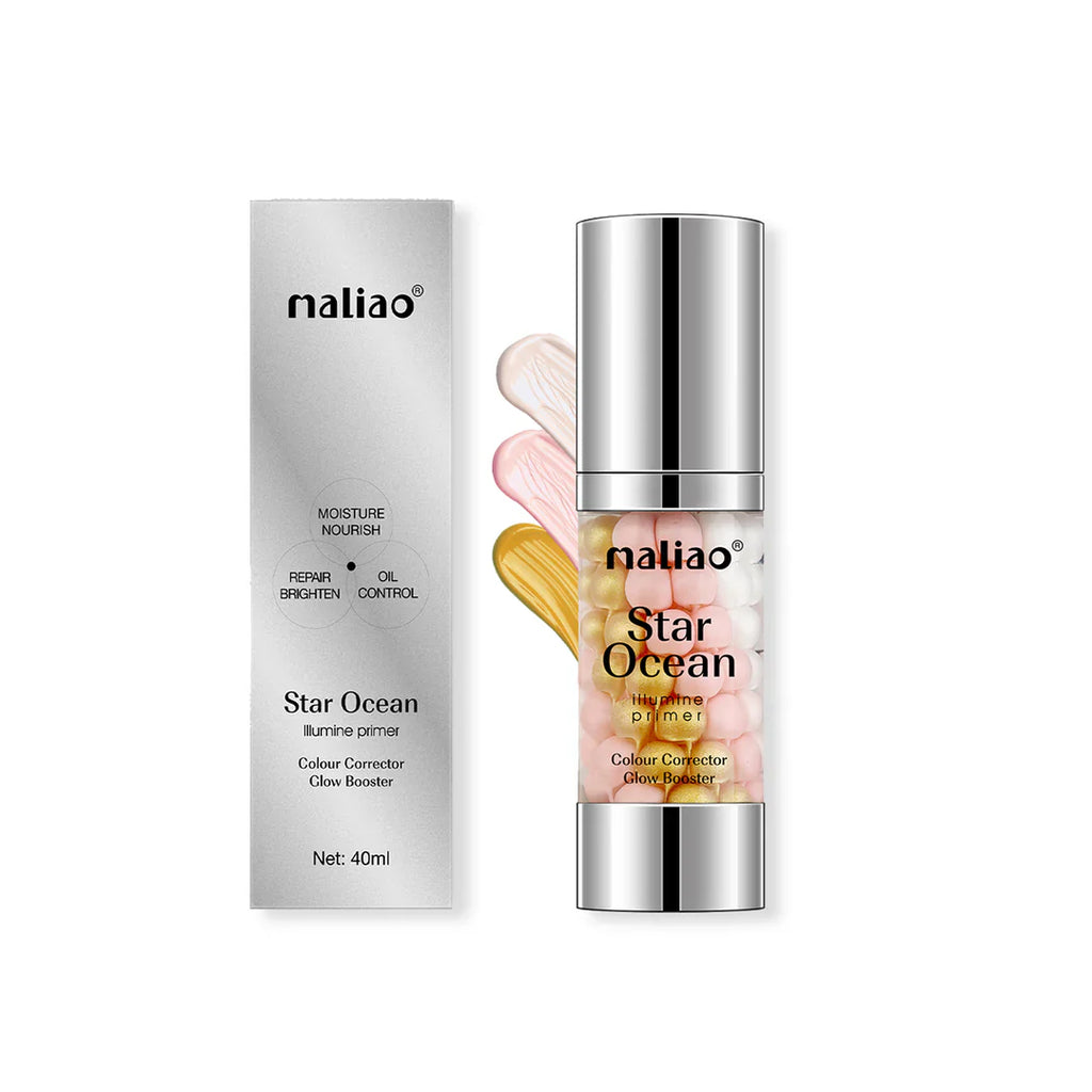 Maliao Star Ocean primer bottle and packaging on a white background