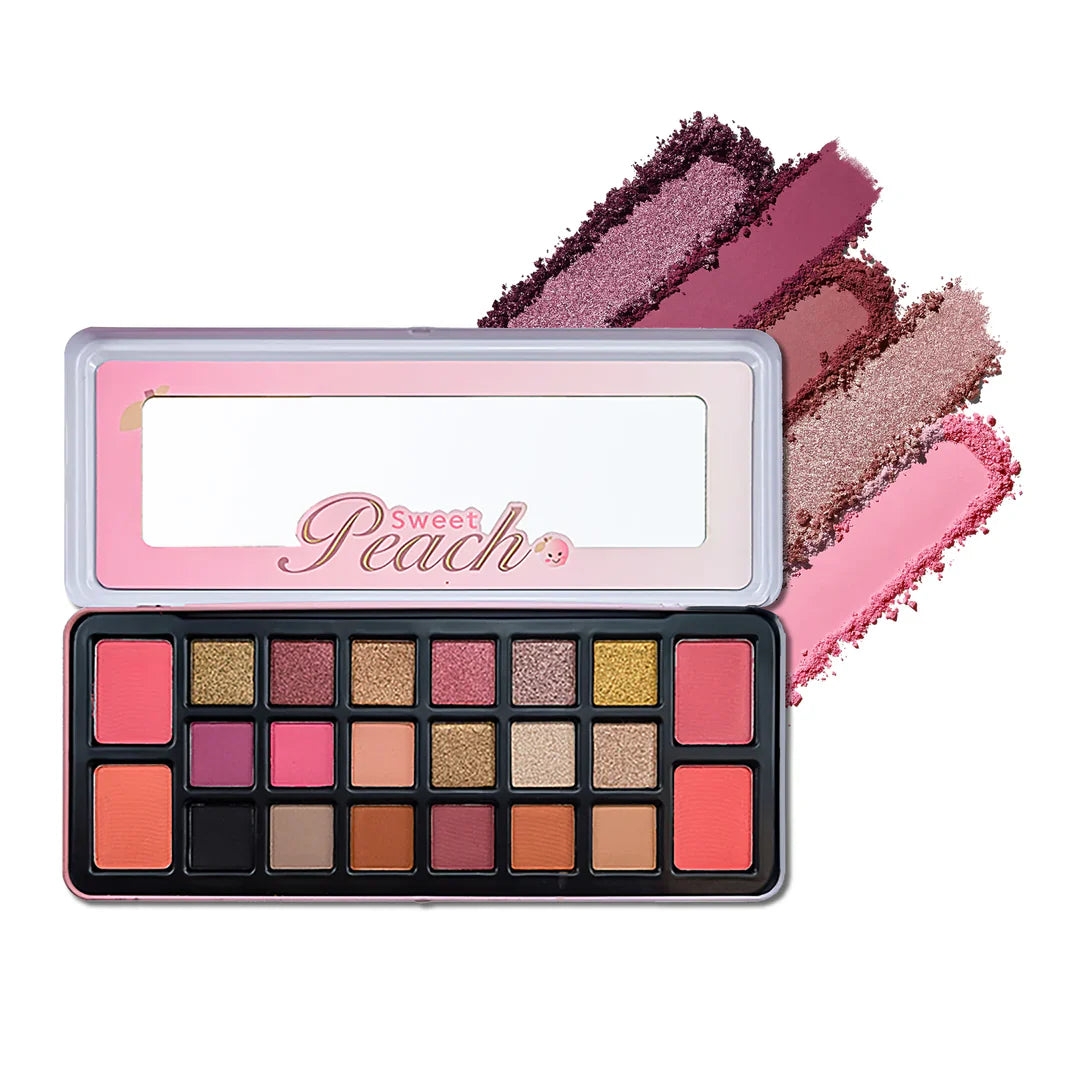 Makeup palette with Sweet Peach branding and color swatches on a white background