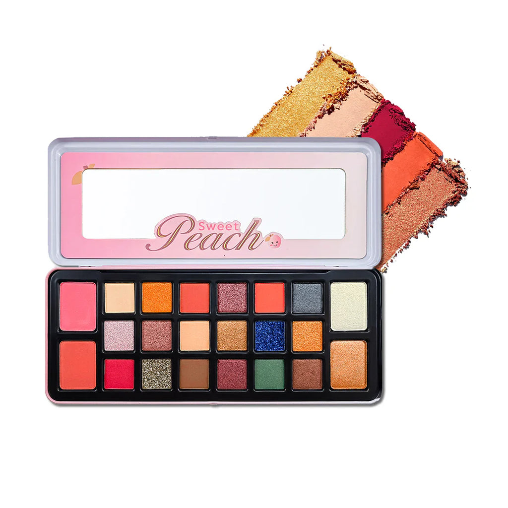 Makeup palette with 'Sweet Peach' branding and color swatches on a white background