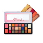 Makeup palette with 'Sweet Peach' branding and color swatches on a white background