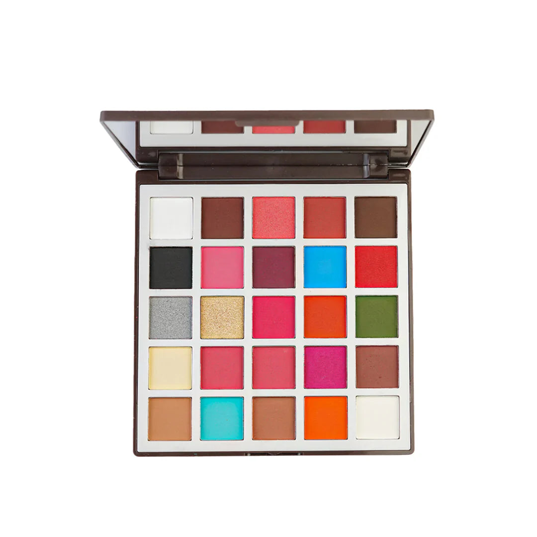 Makeup palette with various colored swatches on a white background