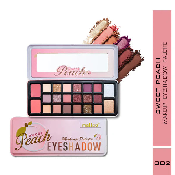 Makeup eyeshadow palette with 'Sweet Peach' branding on a white background