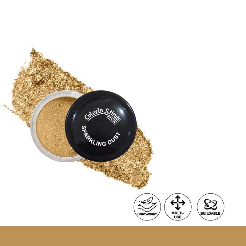 Gold sparkling dust in a small container with visible brand name on a white background