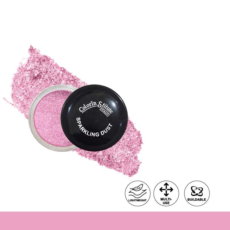 Pink sparkling dust in a compact container with visible brand name on a white background