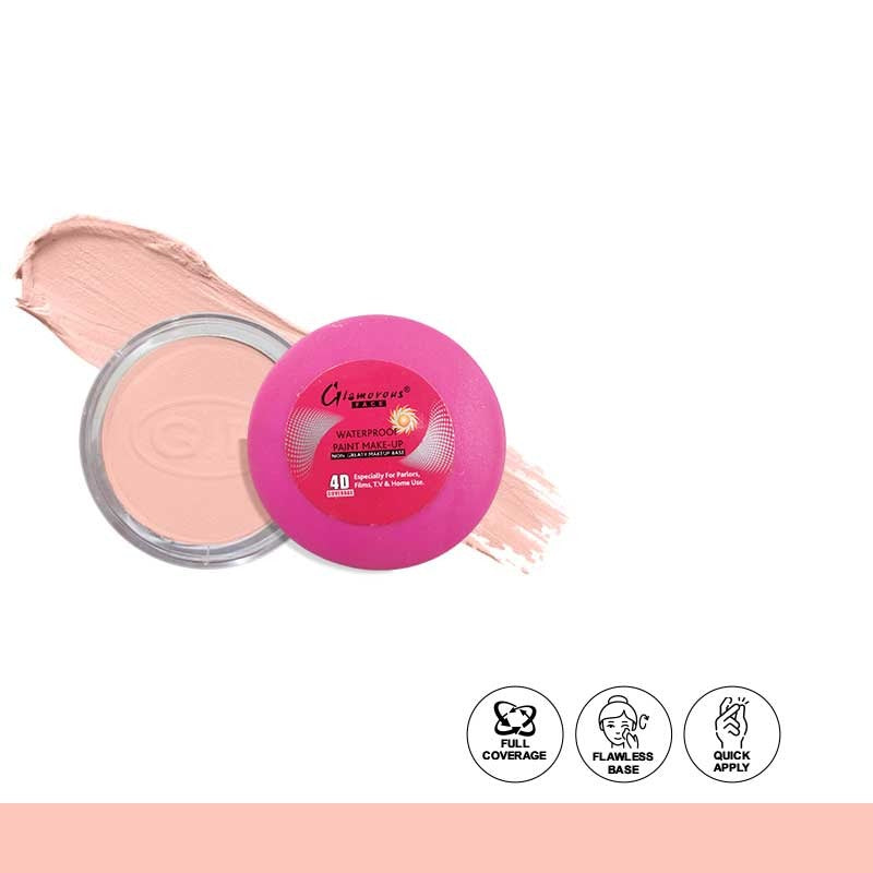 Makeup product with pink container and beige powder on a white background