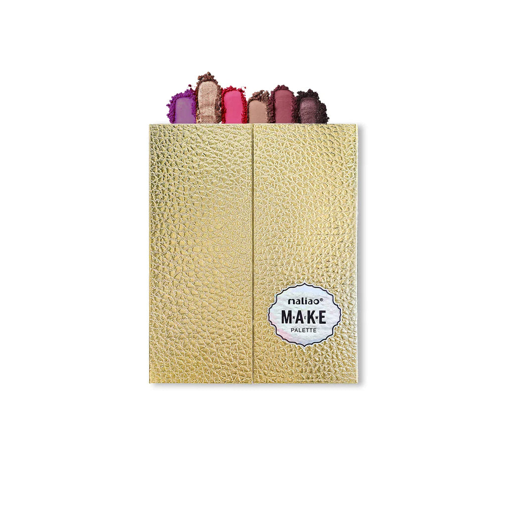 Makeup palette with colorful shades on a textured beige cover, featuring the brand 'Maliao'.
