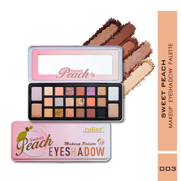 Makeup eyeshadow palette with 'Sweet Peach' branding on a white background