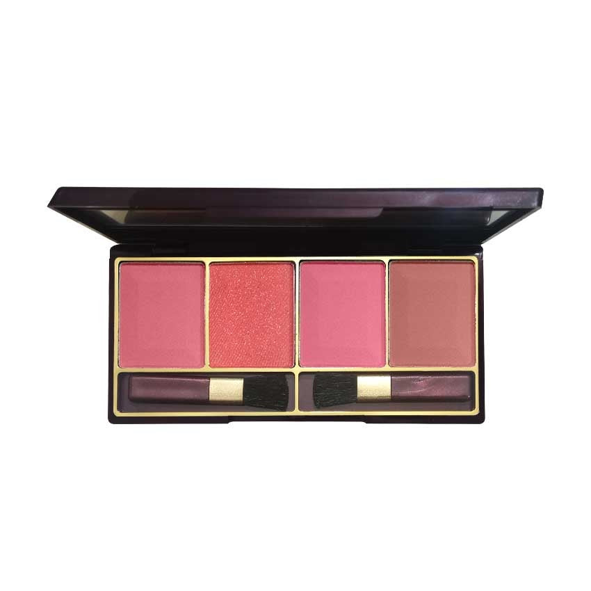 Makeup palette with four swatches of different shades on a white background