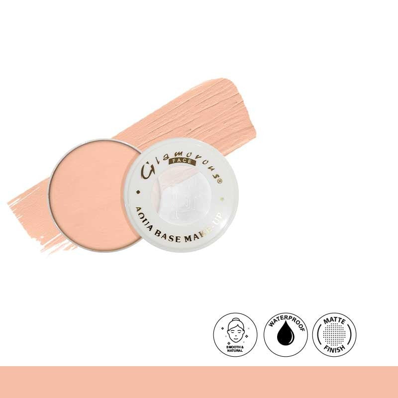 Glamorous Aqua Base Make-up with pink color swatch on a white background