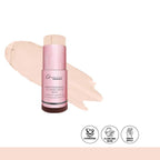 Pink foundation stick with swatch on a white background