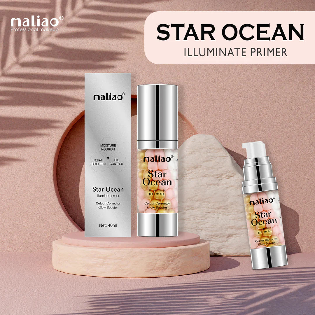 Maliao Star Ocean Illuminate Primer set on a pink background with 'naliao' branding.
