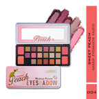 Makeup eyeshadow palette with swatches and 'Sweet Peach' branding on a white background.