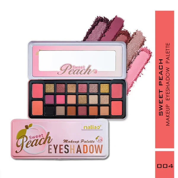Makeup eyeshadow palette with swatches and 'Sweet Peach' branding on a white background.