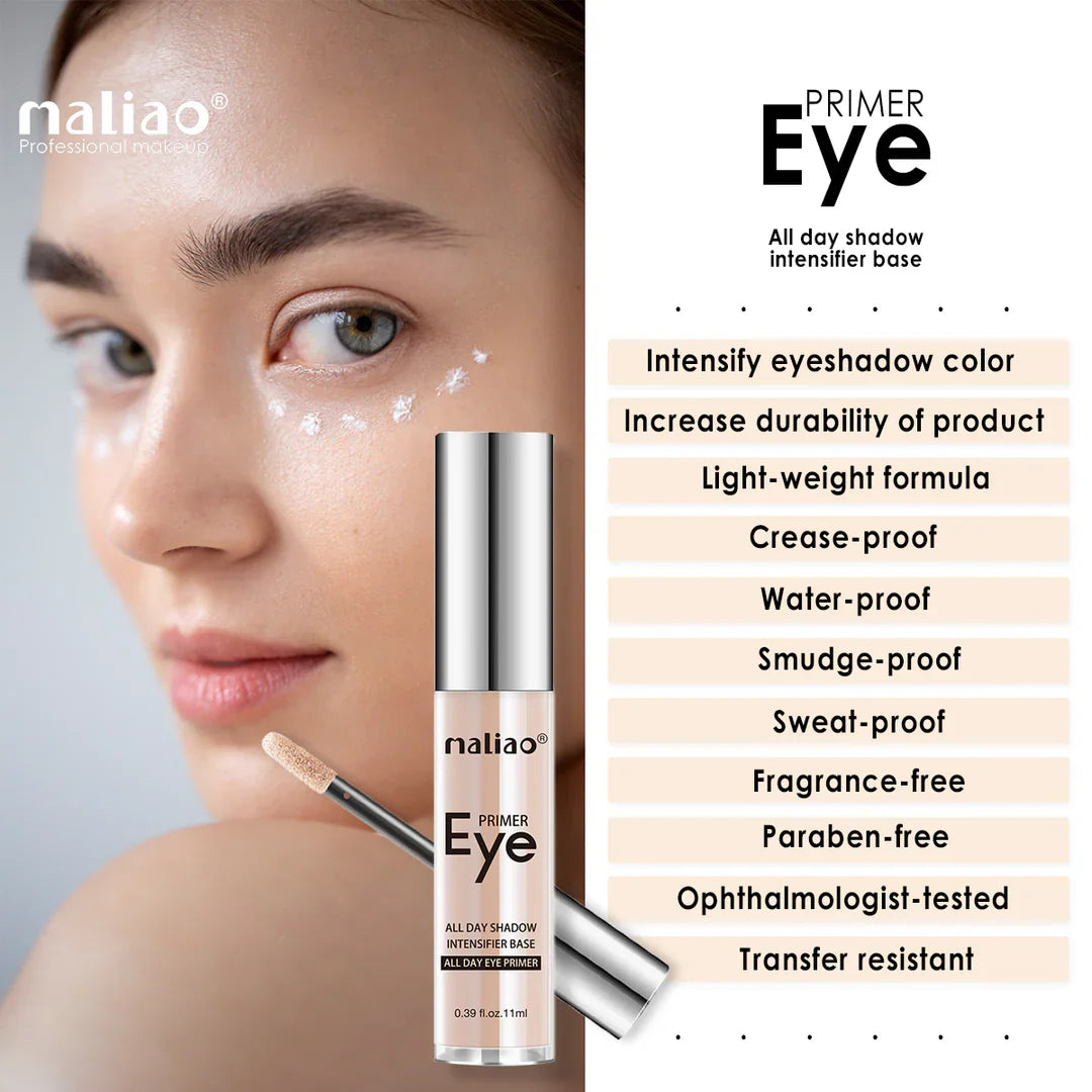 Maliao Primer Eye product with a woman's face showing application on her eyelid.