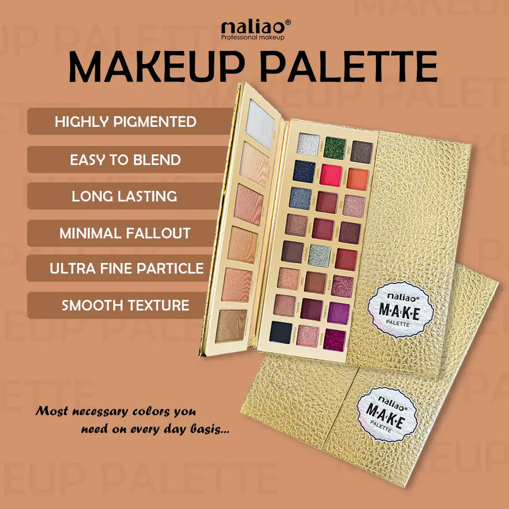 Makeup palette with open lid showing colors on a brown background, featuring the brand 'Maliao'.