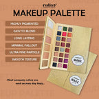 Makeup palette with open lid showing colors on a brown background, featuring the brand 'Maliao'.