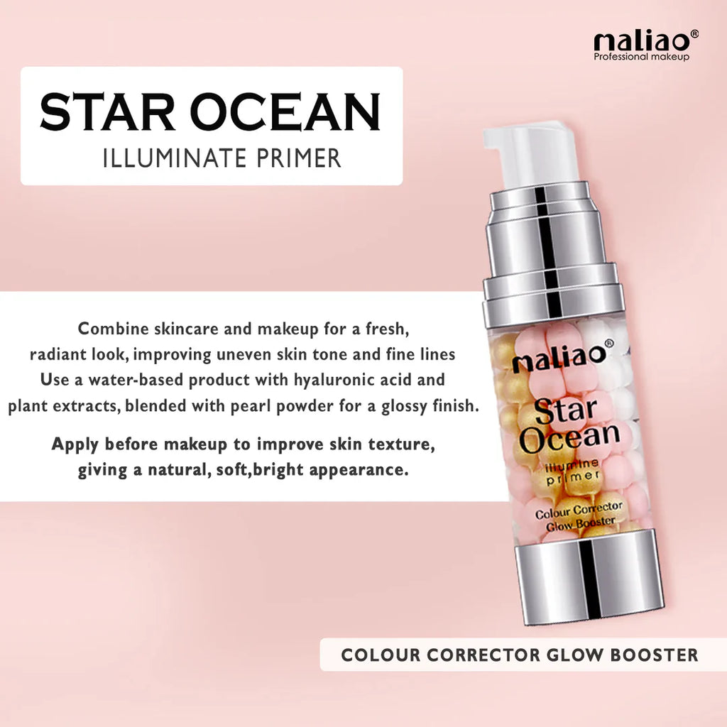 Maliao Star Ocean Illuminate Primer bottle on a pink background with product description text.