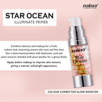 Maliao Star Ocean Illuminate Primer bottle on a pink background with product description text.